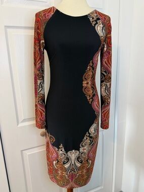 Joseph Ribkoff Black Long-Sleeve Sheath Dress with Multicolor Paisley Trim